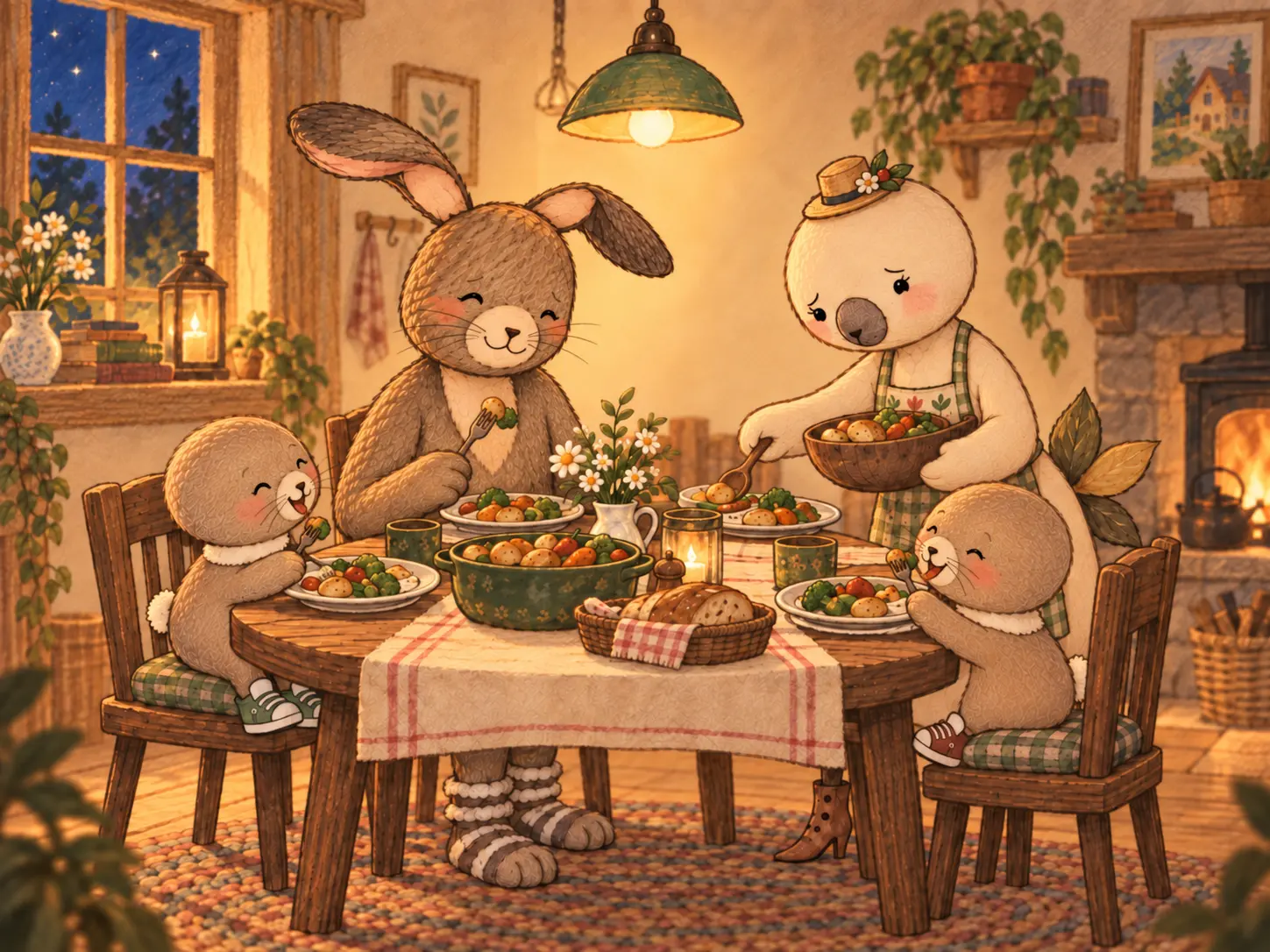 Mother serving dinner in her Household Hat while the family eats