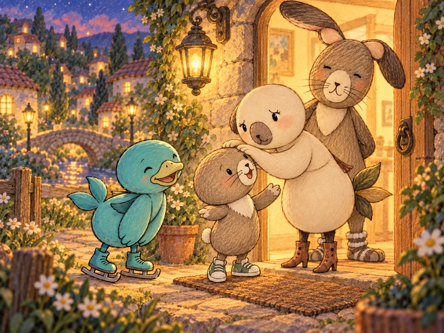 Mother carefully examining Five's head as Five and Six arrive home, with Father standing in the doorway