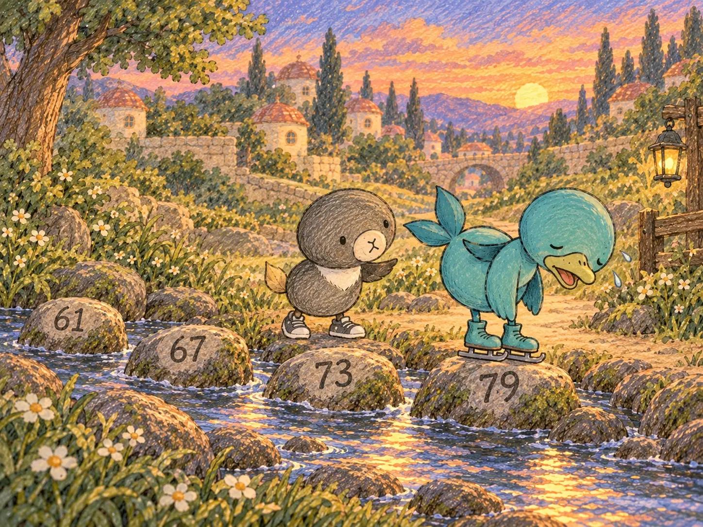 Six, tired, bending over on stone 79 while Five stands on stone 73