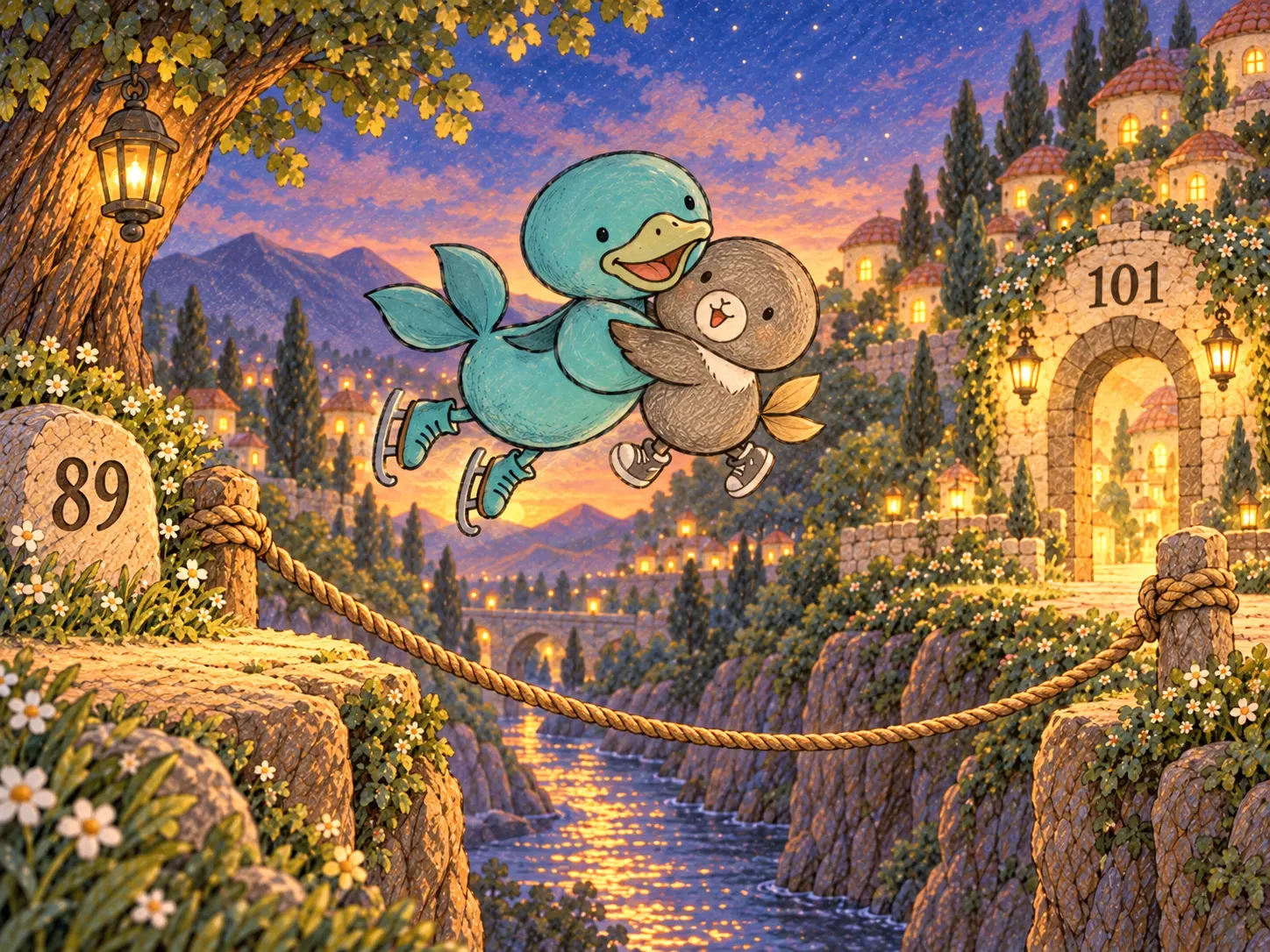 Five and Six leaping together over the rope bridge toward the glowing Hundred-and-One Gate
